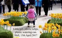 Little girl, plastic daffodils